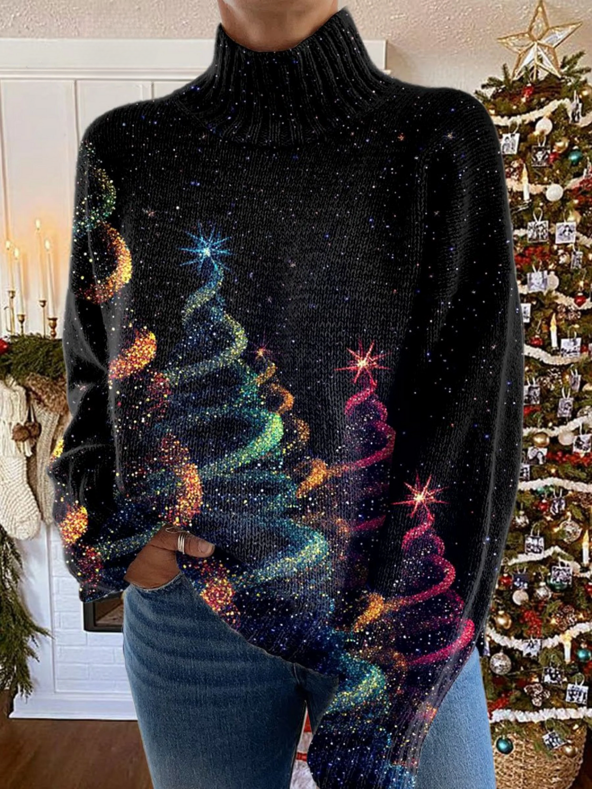 Poppy | Glitter Christmas Tree Turtleneck Sweater